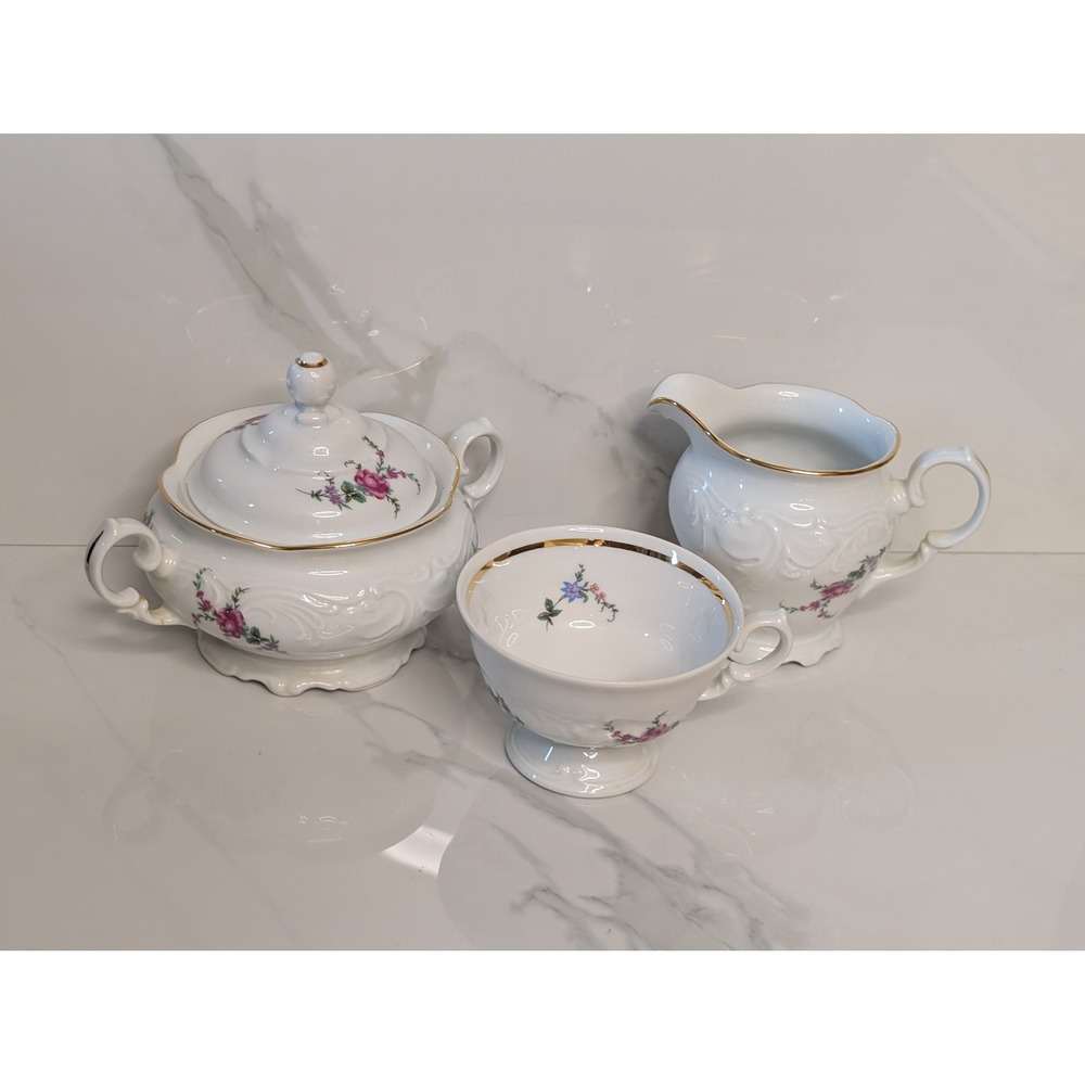 Royal Kent Collection Poland Floral Porcelain Sugar Bowl Creamer and Teacup‎ Set